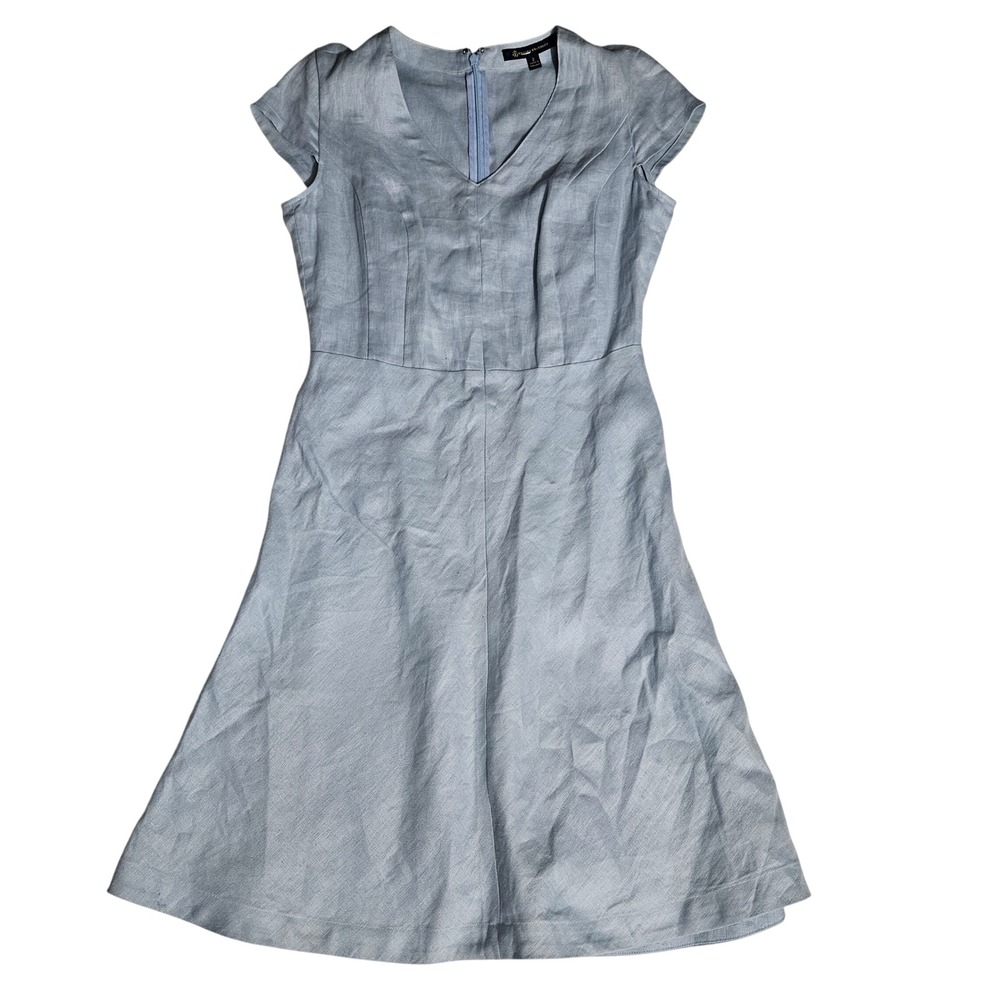 Brooks Brothers Light Blue Linen V-Neck Fit Flare Dress Size 2 Short Sleeve